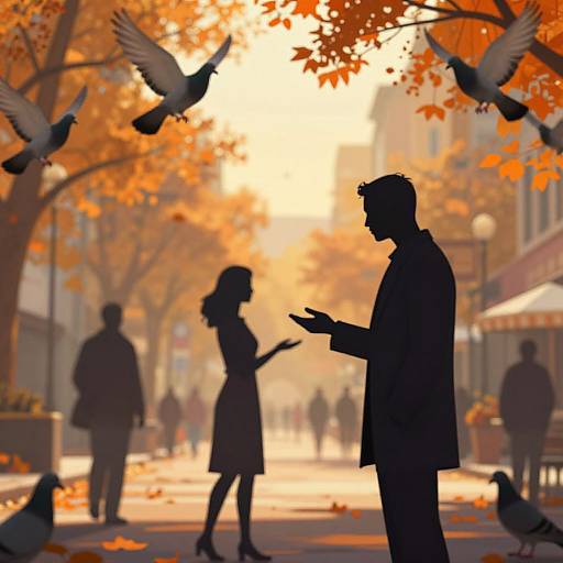 Silhouetted autumn street scene with pigeons flying, people walking, and vibrant orange leaves. Bright sunlight filters through trees. Digital art.