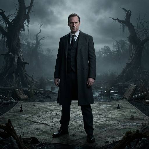 Photograph of a serious man in a dark, long overcoat and suit standing in a stormy, eerie, overgrown swamp at night.