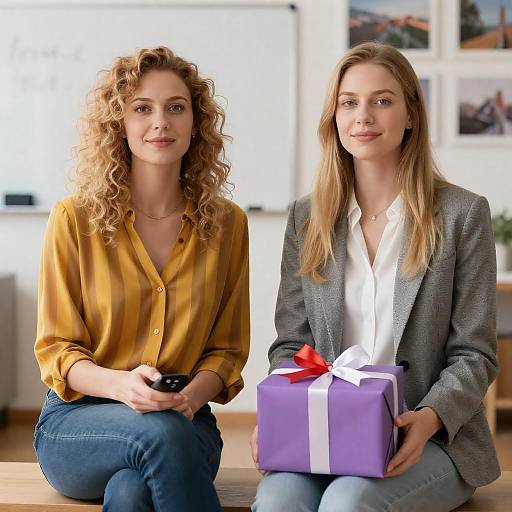 Two Women on Bench with Gift
