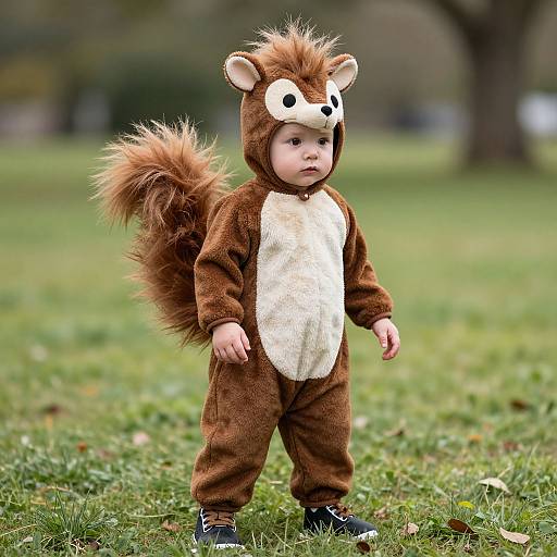 Photograph of a baby in a brown and white squirrel costume with fluffy tail, standing on grass in a park.