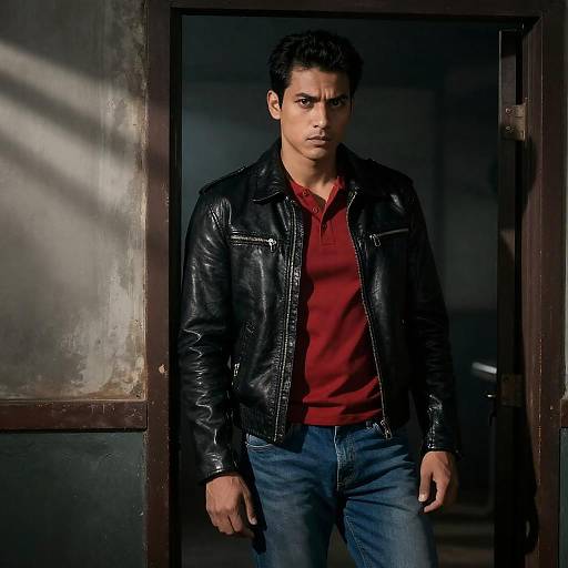 Man in Black Leather Jacket Standing in Dim Doorway