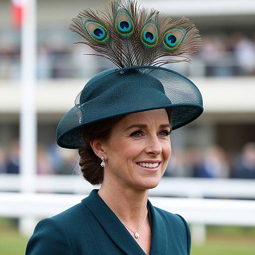 Photograph of a smiling woman with fair skin, dark hair in an updo, wearing a peacock-feathered black hat and dark green bl