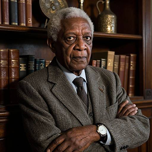 Photograph of an elderly African-American man with gray hair, wearing a brown tweed suit, white shirt, and black tie, standing with arms crossed