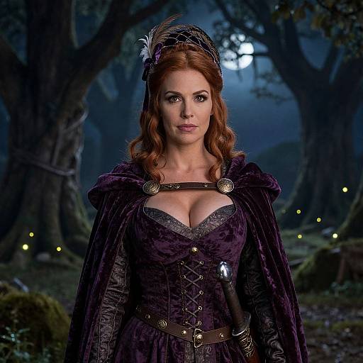 Photograph of a red-haired woman in a dark purple, Victorian-style dress with lace, corset, and feathered headpiece, standing in a