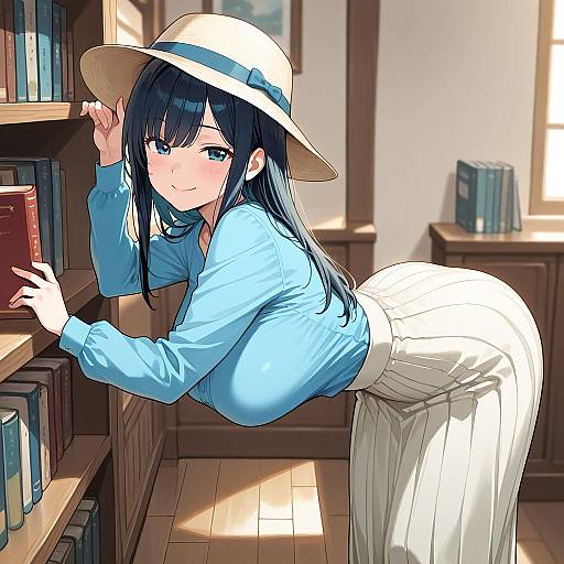 Anime-style digital drawing of a cute, blue-eyed, black-haired girl in a blue blouse and white pants, leaning over a bookshelf in a sun
