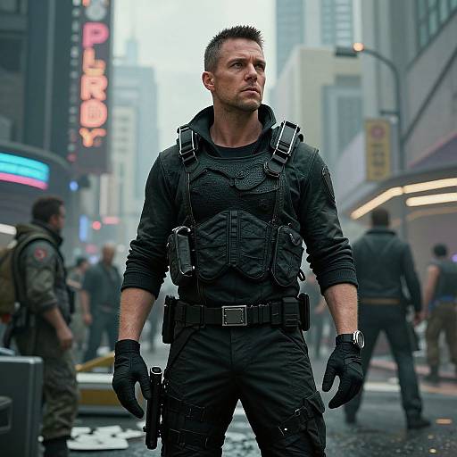Photograph-style CGI of a muscular, serious-looking man in tactical black gear standing in a rainy, neon-lit urban street.