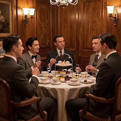Photograph of five men in formal suits seated at a wooden-paneled dining table, engaging in conversation over tea and pastries, with warm wall s