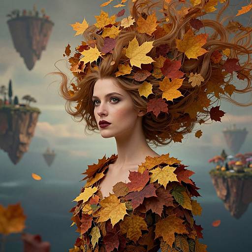Digital art of a pale-skinned woman with red hair, adorned in autumn leaves, wearing a leafy headdress and top, against a floating island