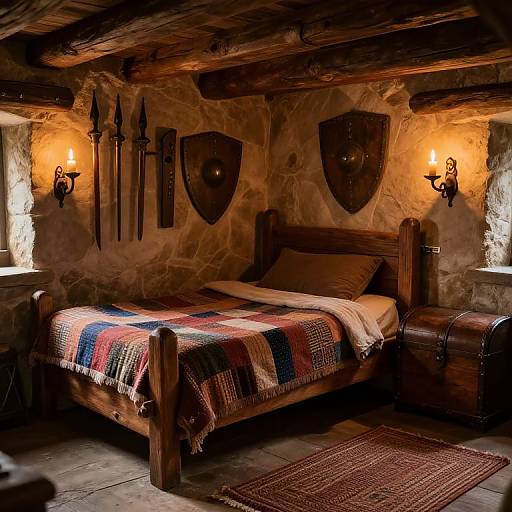 Medieval-style bedroom with stone walls, wooden beams, wooden bed, colorful patchwork blanket, wall sconces, swords, shields, and a