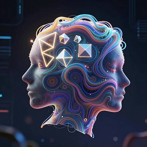 Digital artwork of a glowing, colorful, abstract human head with geometric shapes inside, set against a dark, futuristic background.