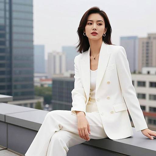 Confident Woman in White Suit on Rooftop
