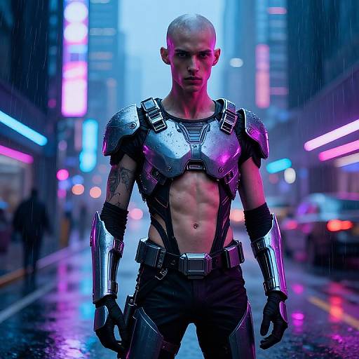 Futuristic Cyberpunk Warrior in Rain