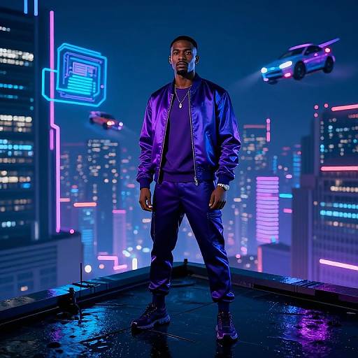 Photograph of a black man in a shiny purple jacket and dark pants, standing confidently on a rooftop at night, surrounded by neon-lit skyscrap