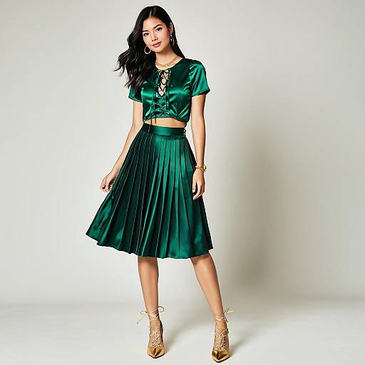 Woman in Emerald Green Satin Pleated Midi Skirt