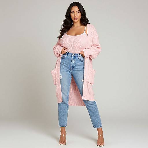 Photograph of a curvy woman with long black hair, wearing a pink knit cardigan, white ribbed tank top, blue high-waisted