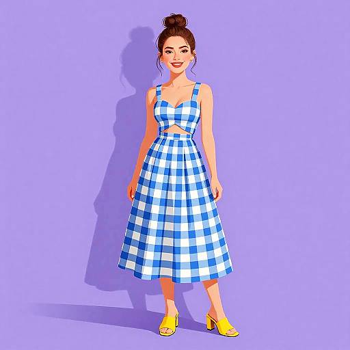 Digital illustration of a woman with a bun, wearing a blue and white checkered dress and yellow shoes, against a purple background.