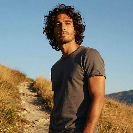 Photograph of a curly-haired, olive-skinned man with a stubble beard, wearing a gray t-shirt, standing on a sunny, grassy
