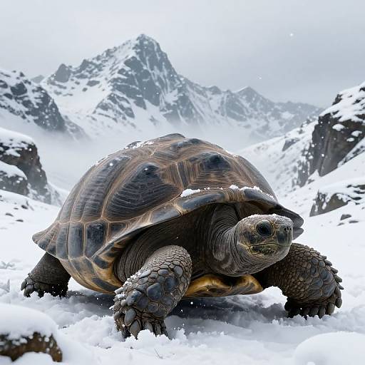 Photograph of a detailed, realistic tortoise with a brown, patterned shell and rough, dark skin, standing in snow-covered mountains.