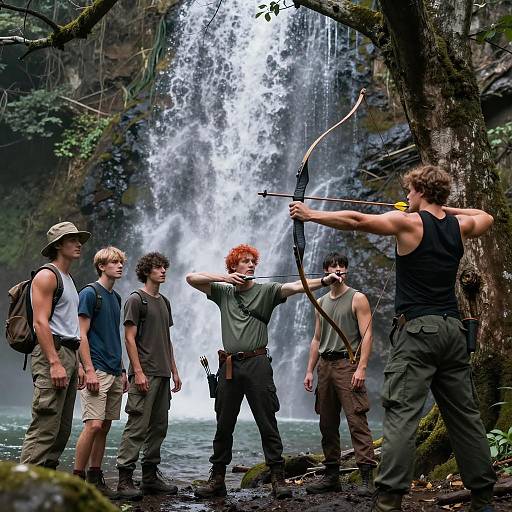 Group Practicing Archery by Waterfall
