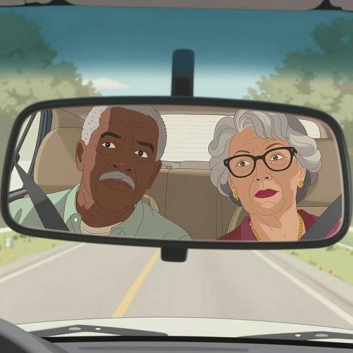 Older Couple Reflected in Car Rearview Mirror