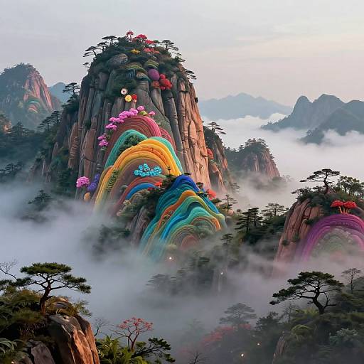 Fantastical CGI landscape of towering, rainbow-striped rock formations with vibrant pink and red flowers, surrounded by misty clouds and sparse trees.