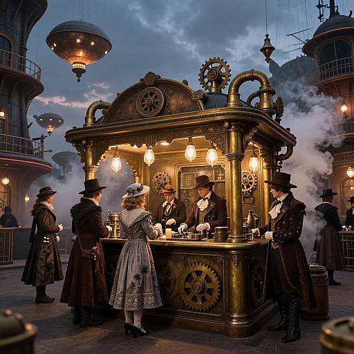 Steampunk market scene: Victorian-era people in top hats and coats gather around a golden, steam-powered street vendor under a twilight sky, with floating