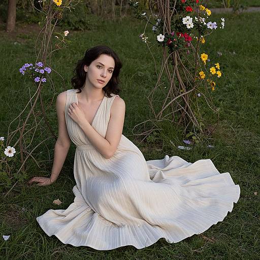 Photograph of a fair-skinned woman with dark wavy hair, wearing a sleeveless, flowing white dress, seated on grass beside a floral arch