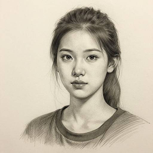 Detailed black-and-white pencil drawing of an Asian woman with long hair, wearing a simple shirt, gazing softly, realistic texture.