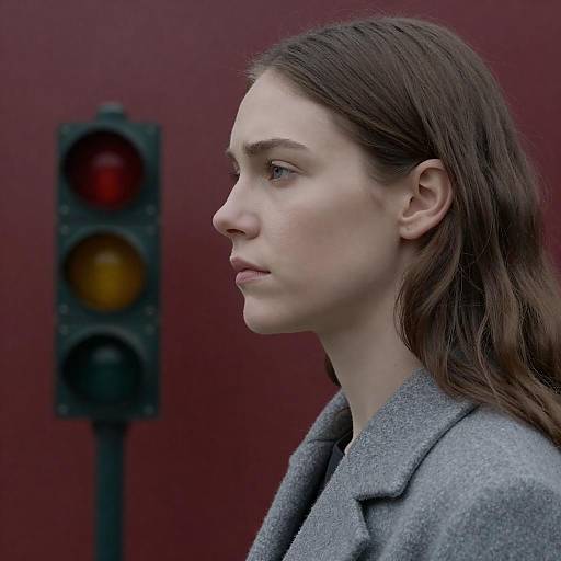 Pensive Woman in Grey Coat Portrait