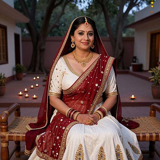 Photograph of a smiling South Asian bride in a maroon and white traditional saree, adorned with gold jewelry, seated outdoors at dusk with lit candles