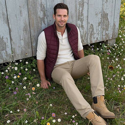 Photograph of a smiling, bearded man in a white shirt, beige pants, brown vest, and tan boots, sitting on grass with wildflowers