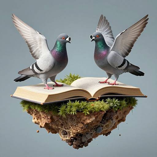 Photorealistic digital artwork of two pigeons with iridescent feathers standing on an open book floating on a grassy, earthy island against a