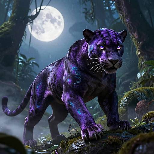Digital artwork of a glowing, purple-black panther with neon blue accents prowling a misty, moonlit forest, illuminated by a bright full moon