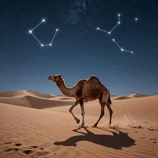 Photograph of a camel walking through a starlit desert, with the constellation Orion visible in the deep blue night sky. Sand dunes surround the camel