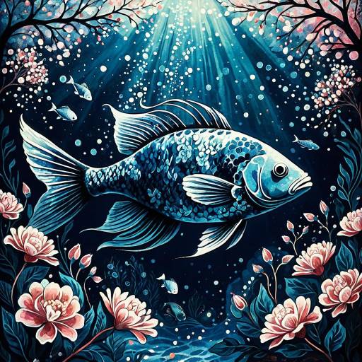 Marc Chagall Style Fish and Blossoms Illustration