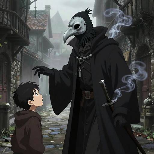 Surreal Plague Doctor in Foggy Alley