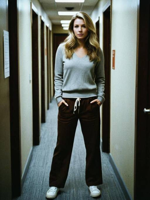 Blonde Woman in Brown Pants in Hallway