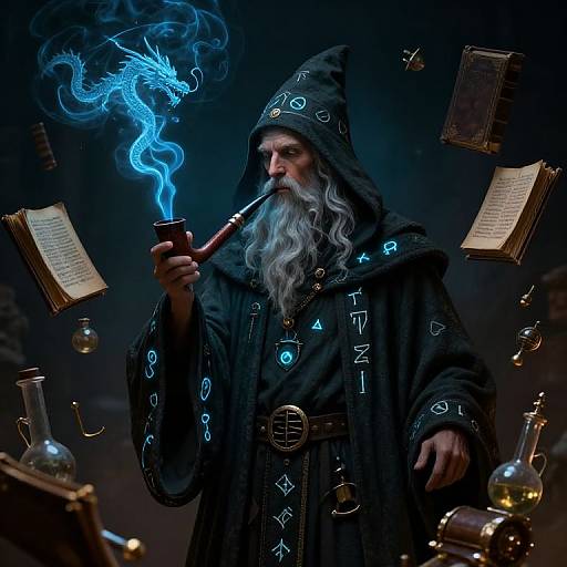 Magical old wizard in black hooded robe with glowing runes, smoking pipe with blue dragon smoke, surrounded by floating books and potions in a dark,