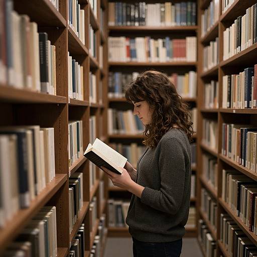 Photograph of a curly-haired woman in a gray sweater, standing in a library aisle, reading a book amid tall wooden bookshelves filled with colorful
