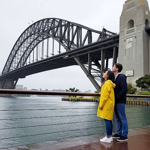 Couple in yellow raincoat and blue jacket stand on wet sidewalk, gazing at Sydney Harbour Bridge on overcast day. Photograph.