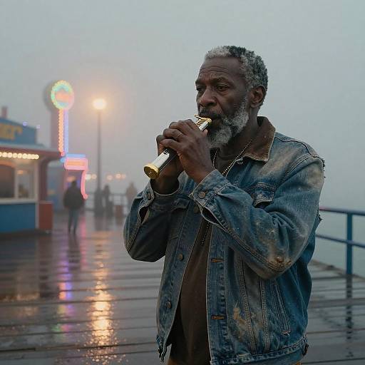Neon Pier Harmonica Virtuoso Portrait