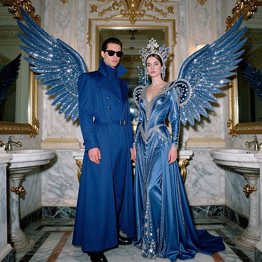Photograph of a man in a black trench coat and sunglasses, standing beside a woman with blue, glittery angel wings and a matching gown, in