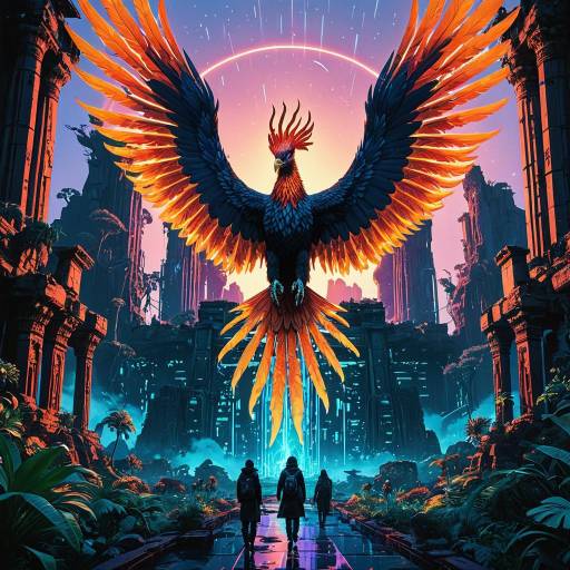 Colossal Flaming Phoenix Above Dystopian Neon Ruins