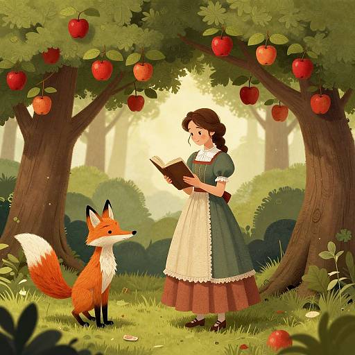 Digital illustration of a brown-haired girl in a green and white maid dress reading to a red fox under apple trees with red apples. Sunlight filters through