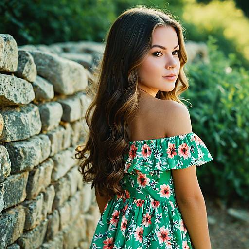 Young Girl in Floral Off-Shoulder Dress Outdoors
