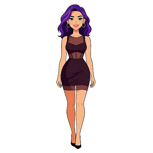Digital drawing of a smiling woman with purple hair, wearing a black sleeveless dress with sheer panels and black heels.