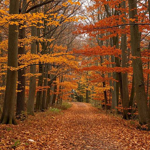 Photograph of a narrow, leaf-covered path in a dense forest with tall trees, their trunks gray and branches adorned with vibrant, orange autumn leaves