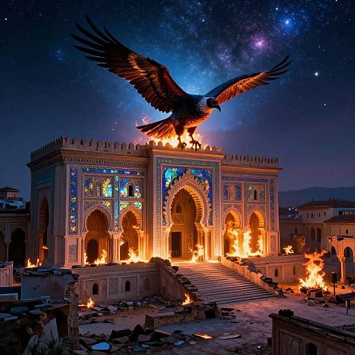 Photograph of a brightly lit, ornate mosque at night with a majestic eagle with fiery wings perched on its roof, surrounded by burning torches
