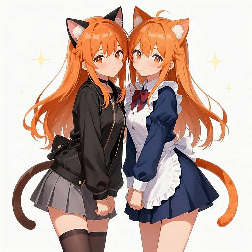 Digital anime artwork of two cute, orange-haired catgirls with yellow eyes, black cat ears, and tails. One wears a black hoodie and gray skirt
