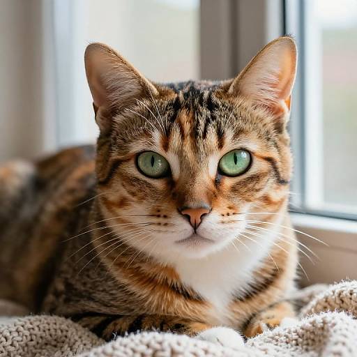 Photograph of a tabby cat with green eyes, orange and brown striped fur, white chest, and pink nose, lying on a textured beige blanket
